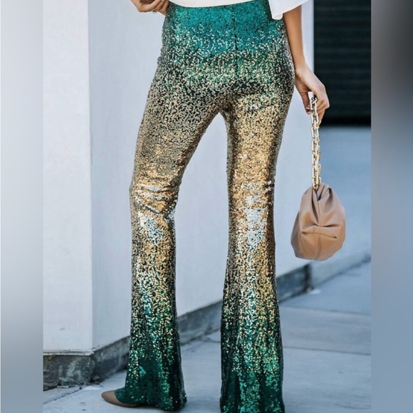Luxe Glamour Sequin Mesh Wide Leg Palazzo Pants Holiday Evening Green Gold - Picture 3 of 13